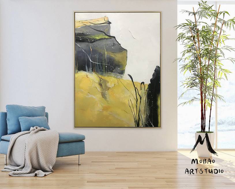 Abstract Yellow Painting Grey Abstract Canvas Wall Art LKN3Q wall art